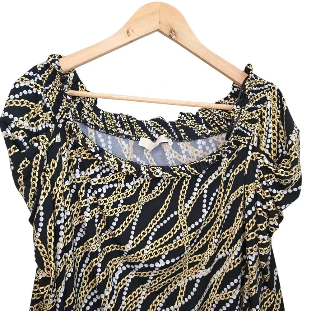 Michael Kors Top Womens XL Black Chain Print‎ Puff Sleeve Blouse Casual Ladies